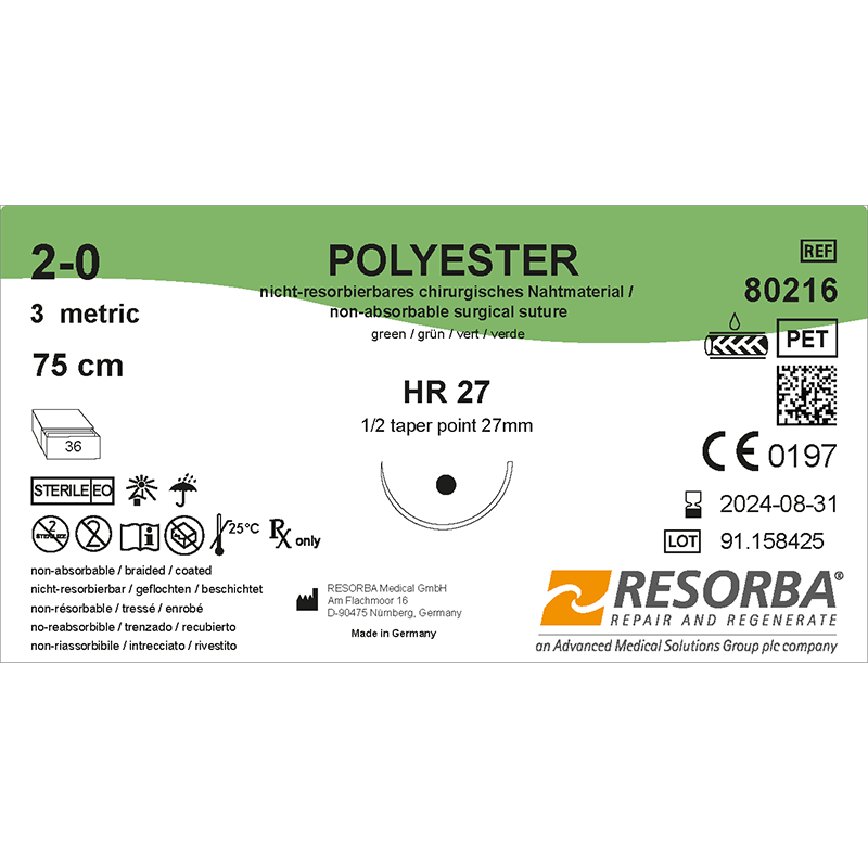 Поліестер USP2-0 зелений, довжина 75см, колюча голка 27мм, 1/2 кола